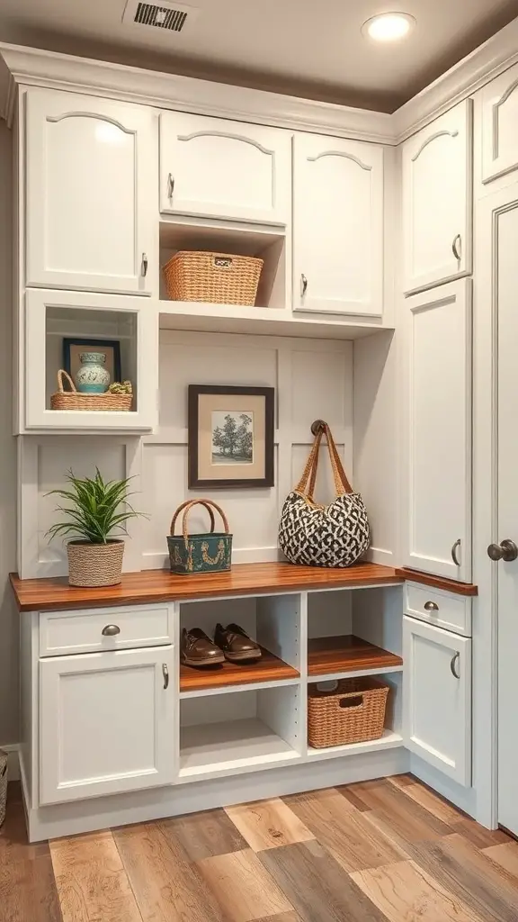 27+ Stylish IKEA Mudroom Ideas for a Functional Space 13 A stylish mudroom featuring built-in white cabinets, wooden countertop, and decorative elements.