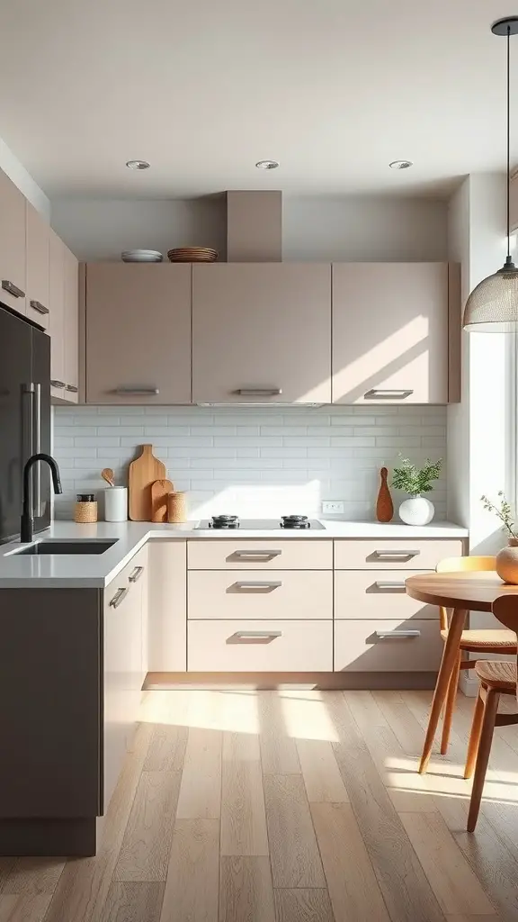 Modern kitchen featuring taupe cabinets and light wood flooring