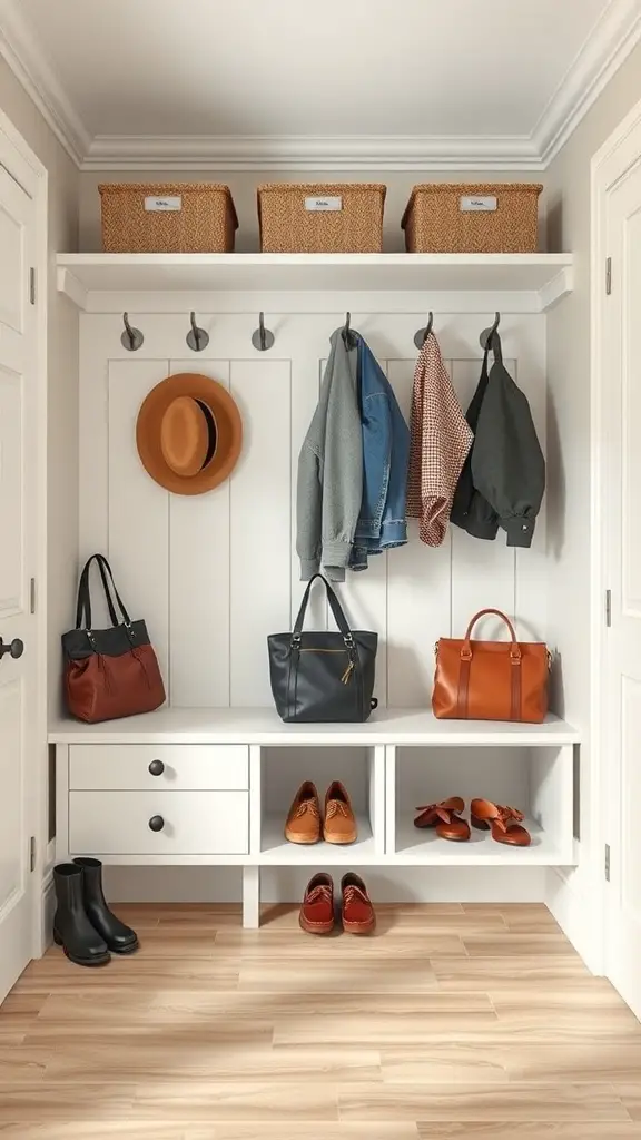 A practical farmhouse mudroom layout featuring a bench, shoe storage, hooks for jackets, and baskets for organization.