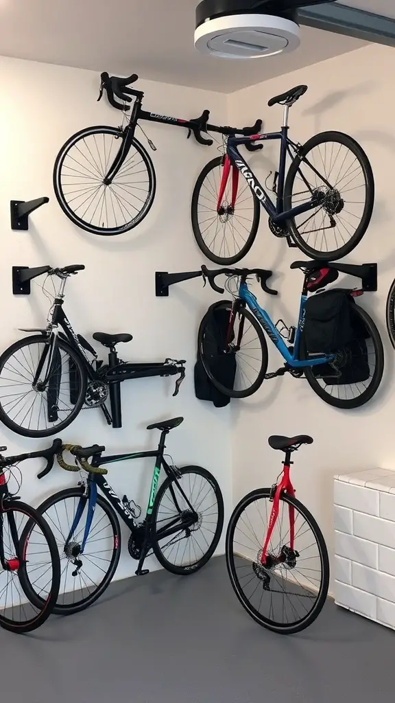 27+ Inspiring Half Garage Gym Ideas for Your Home Workout Space 11 A wall with several bicycles mounted on racks, showcasing organized bicycle storage in a garage gym.