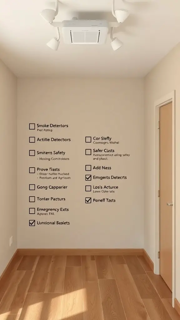 A wall in a basement apartment with a checklist of safety features including smoke detectors and emergency exits.