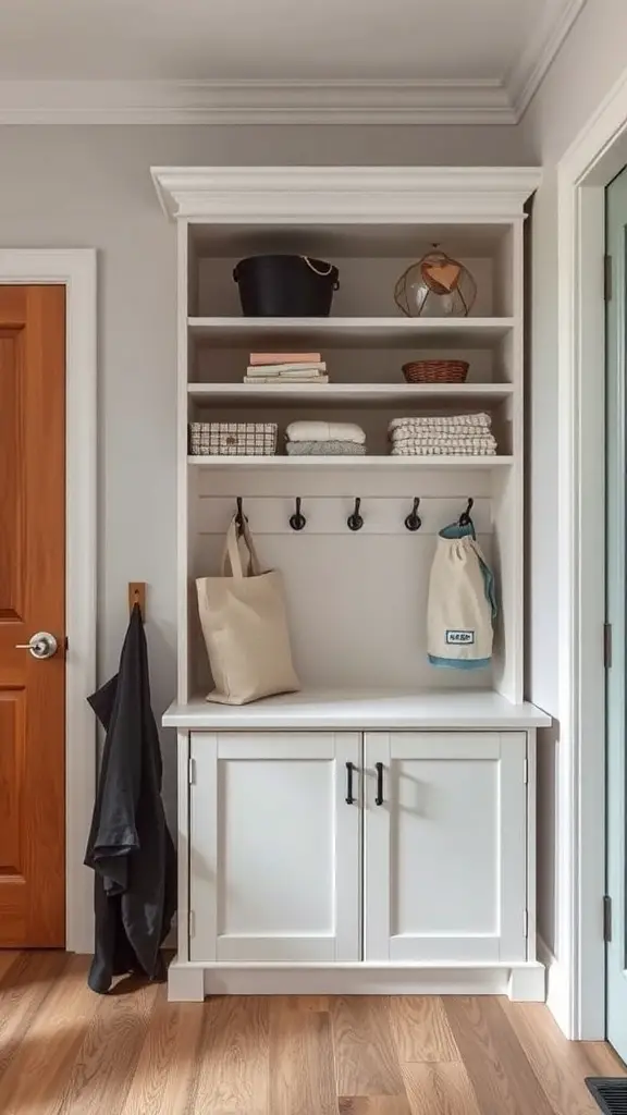 A space-saving vertical mudroom cabinet with open shelves and hooks