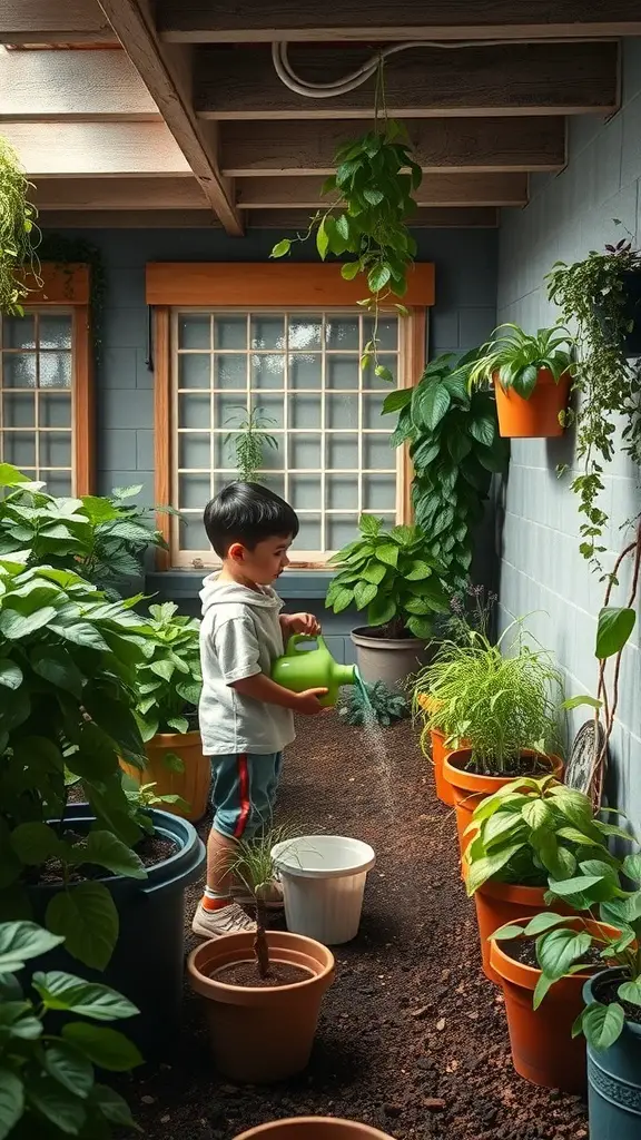 A child watering plants in a cozy indoor garden filled with green plants and pots.