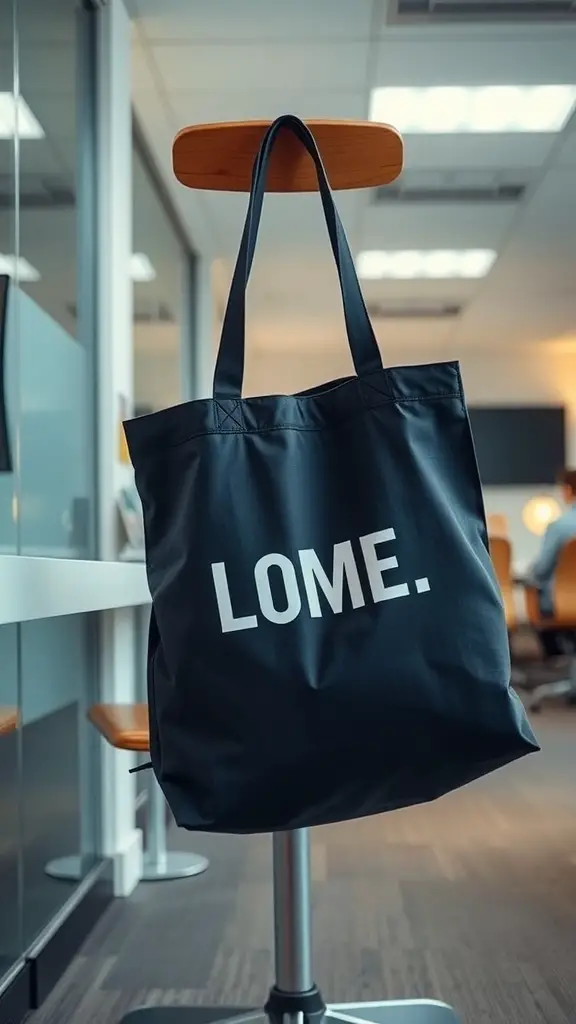 27+ Creative Dollar Tree Gifts for Your Coworkers 12 A personalized black tote bag hanging on a chair in an office setting.