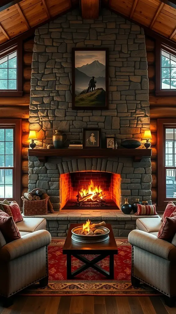 Cozy cabin interior with a stone fireplace, warm lighting, and comfortable seating.