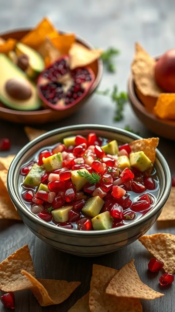 A bowl of pomegranate and avocado salsa surrounded by tortilla chips, with fresh ingredients in the background.
