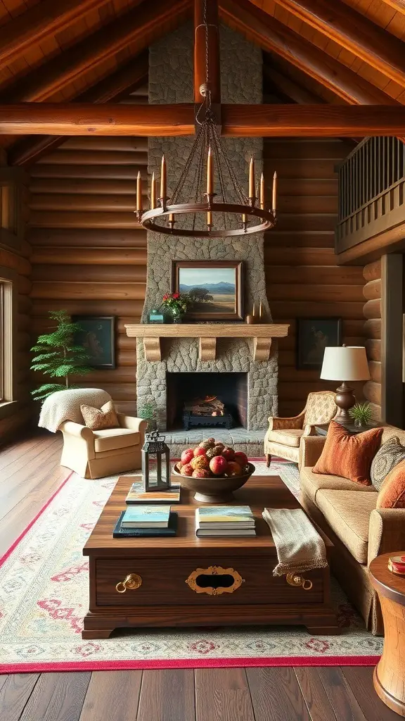 Cozy cabin living room with wooden beams, stone fireplace, and stylish furniture.