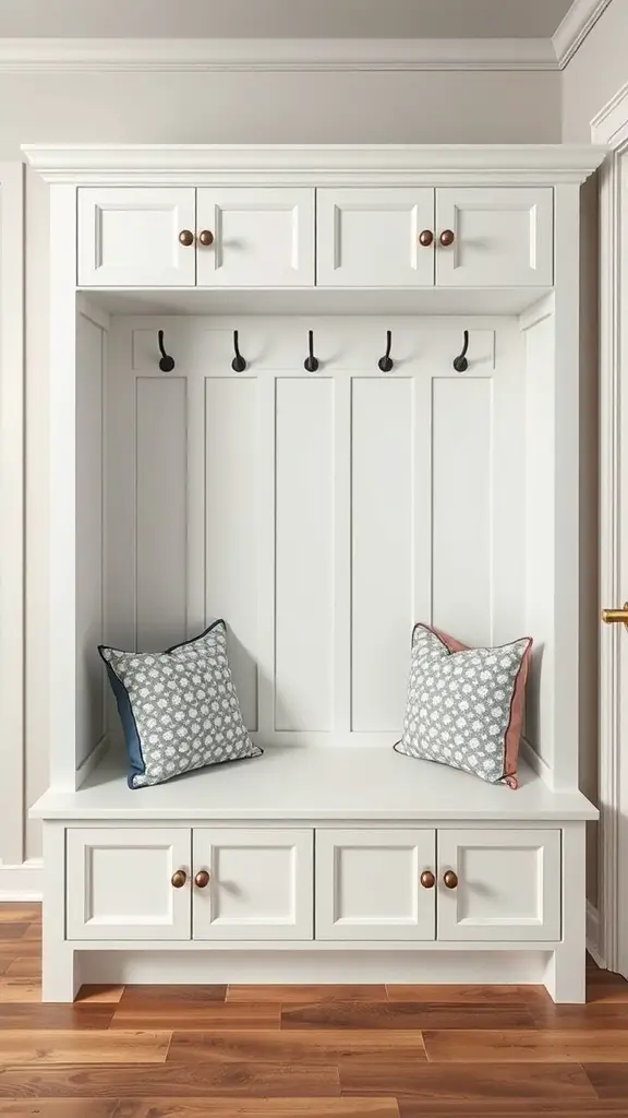A white mudroom cabinet with built-in seating and decorative pillows.