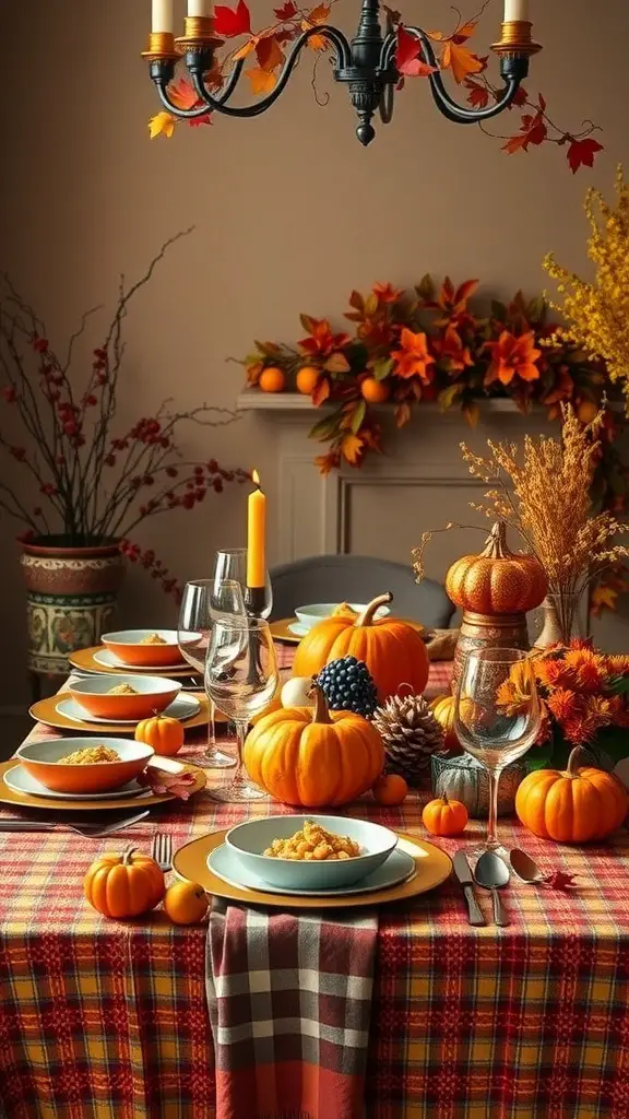 25+ Stunning Thanksgiving Table Settings to Elevate Your Holiday Feast 6 Thanksgiving table setting with autumn colors, pumpkins, and a plaid tablecloth.