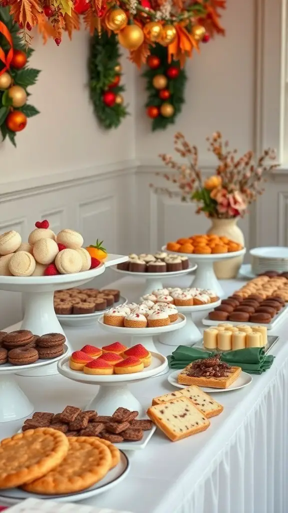 27+ Stunning Christmas Buffet Table Decor Ideas 11 A beautifully arranged dessert buffet table with various seasonal sweets and decorations.