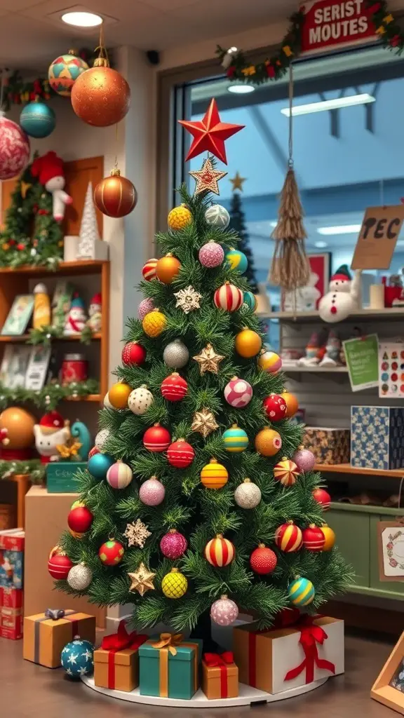 27+ Stunning Christmas Shop Decorations You Need This Season 7 A whimsical Christmas tree decorated with colorful ornaments and gifts underneath.