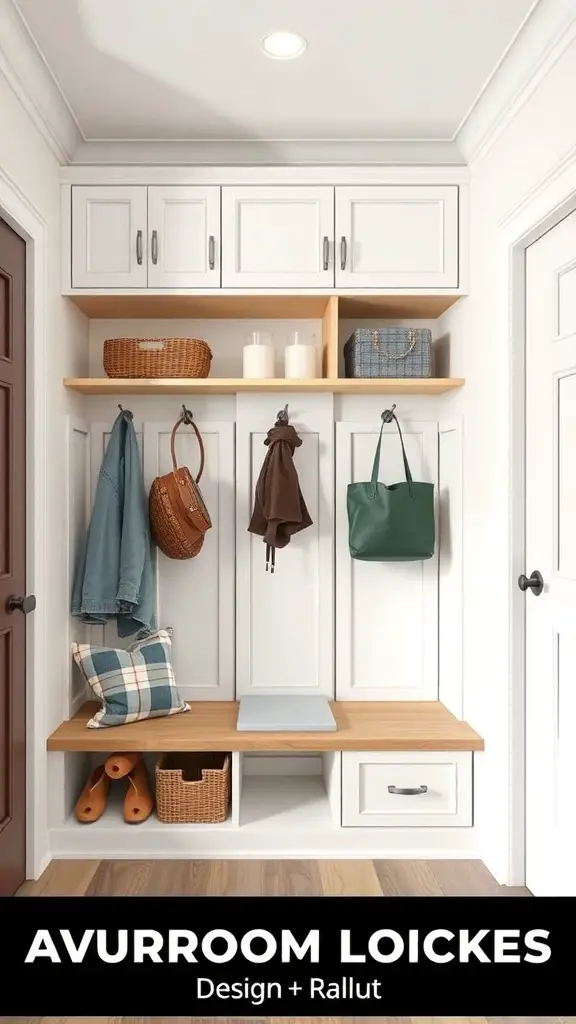 A modern mudroom locker design with white cabinets, wooden shelves, and hooks for storage.