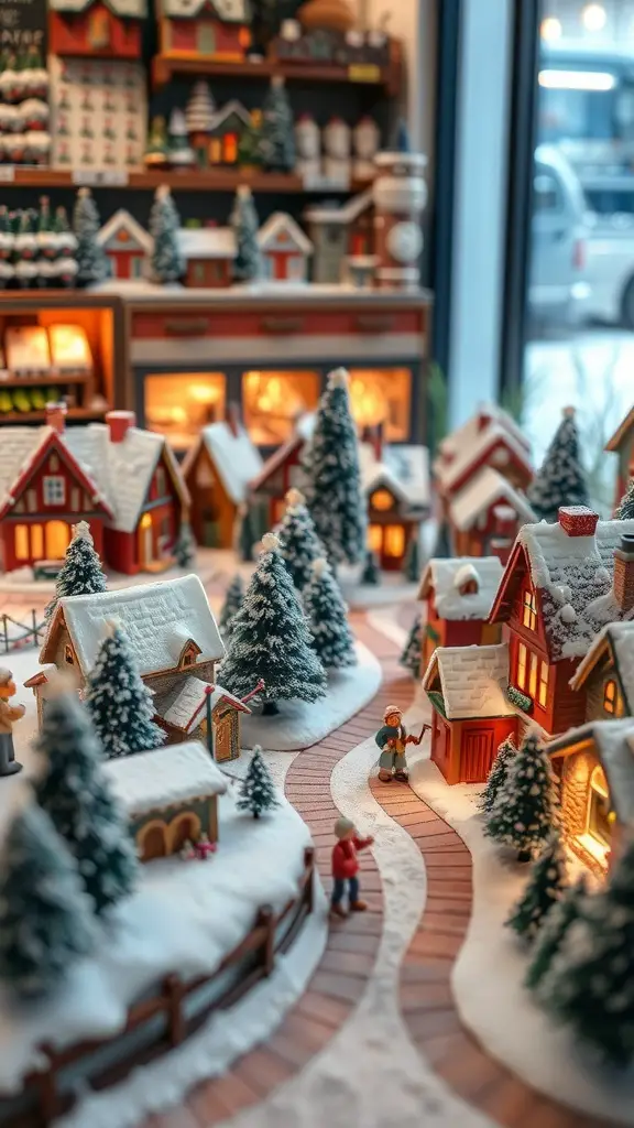27+ Stunning Christmas Shop Decorations You Need This Season 15 A snowy village scene with miniature houses, trees, and figures, creating a festive atmosphere.
