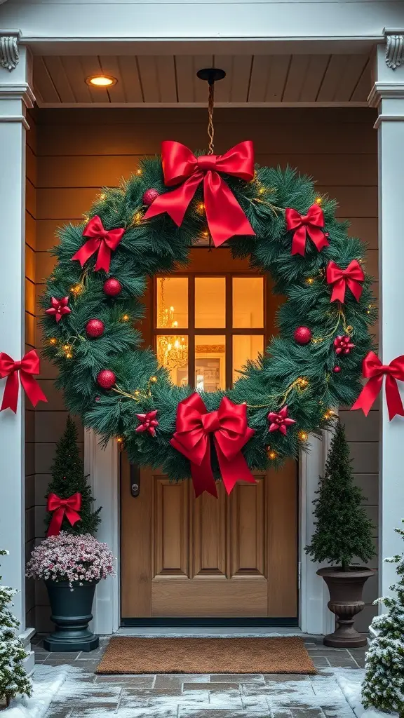 A large Christmas wreath with red bows and ornaments hanging on a front door, surrounded by potted plants and a welcome mat.