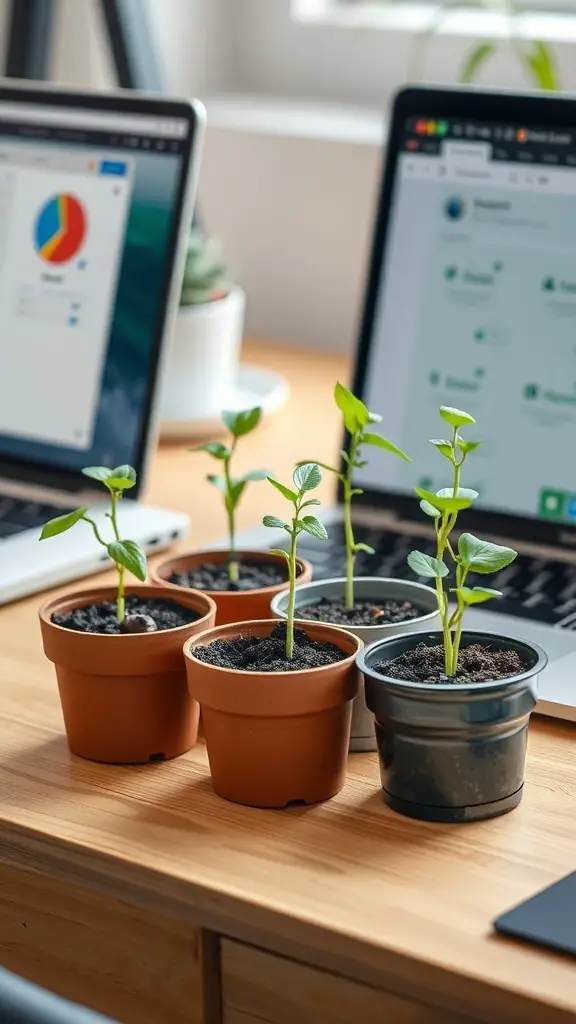 27+ Creative Dollar Tree Gifts for Your Coworkers 3 Small pots with young plants on a desk next to laptops