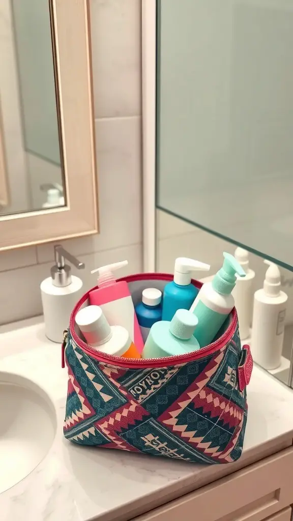 25+ Creative Ways to Store Your Feminine Hygiene Products 16 A colorful toiletry bag filled with various hygiene products on a bathroom counter.