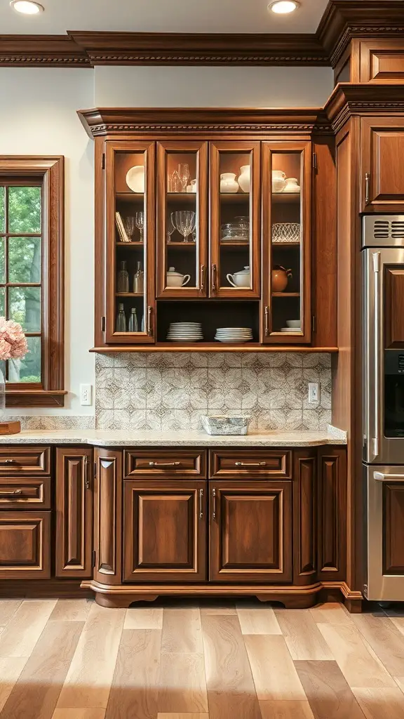 Custom corner kitchen cabinet with glass doors and rich wood finish