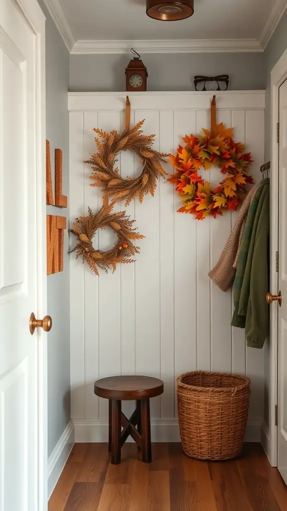29+ Creative DIY Garage Mudroom Ideas You’ll Love 7 A cozy garage mudroom with seasonal decor featuring wreaths and natural elements.