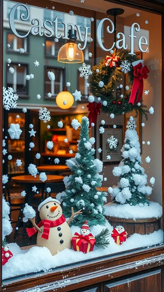 25+ Festive Cafe Christmas Decoration Ideas 13 A festive cafe window decorated for Christmas with a snowman, Christmas trees, and snowflakes.