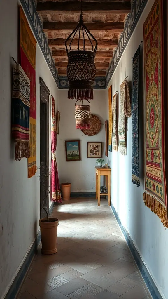 A hallway decorated with colorful textiles, a hanging lantern, and potted plants.