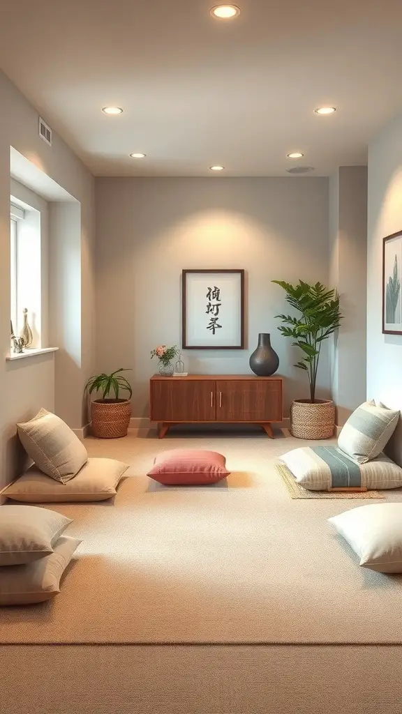 31+ Inspiring Ideas for Your Basement Family Room Makeover 12 A serene meditation space with soft lighting, cushions on the floor, and wooden furniture.