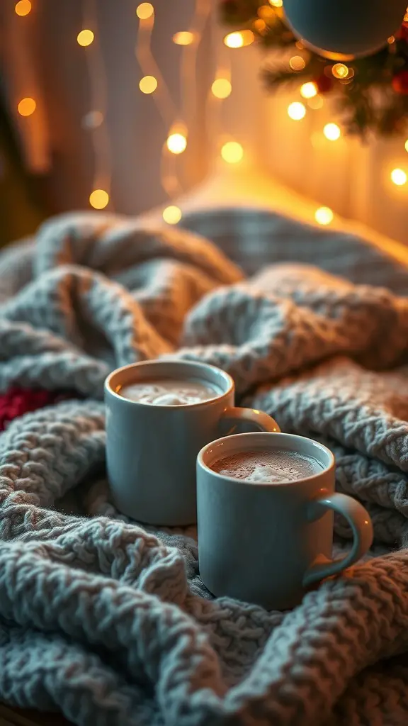 23+ Budget-Friendly Dollar Tree Hot Cocoa Bar Ideas 3 Two mugs of hot cocoa on a cozy blanket with fairy lights in the background.