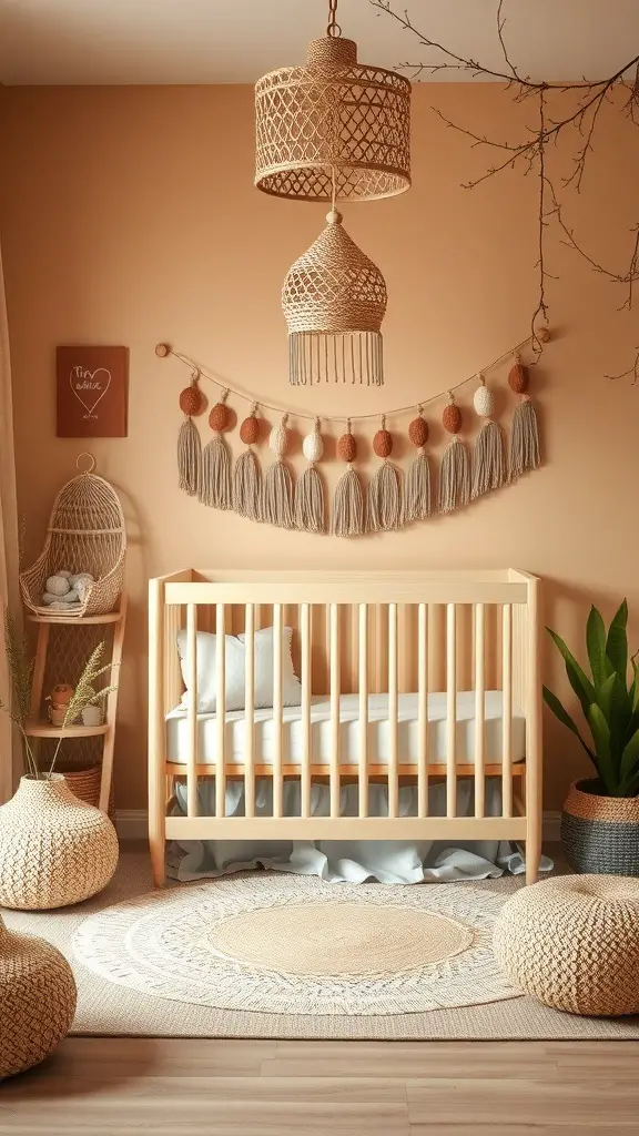 29+ Boho Nursery Decor Ideas for a Cozy and Stylish Space 3 A cozy boho nursery featuring an earthy color palette with a wooden crib, woven decor, and plants.