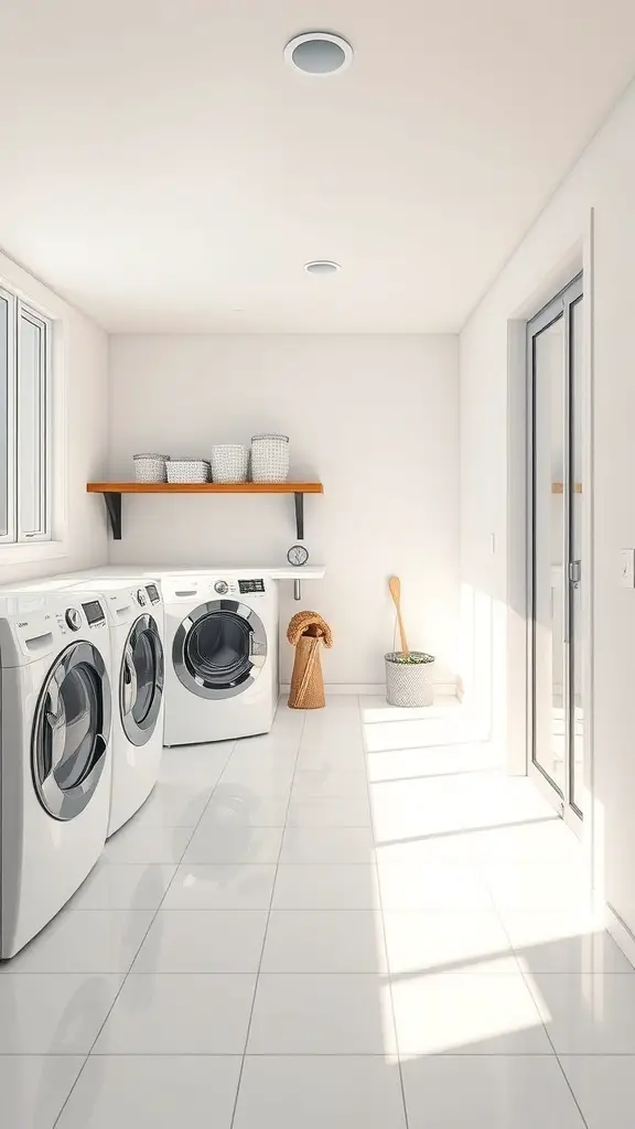 Bright and airy laundry room with white walls, large windows, and modern appliances.