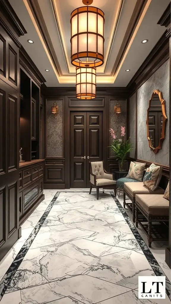 25+ Stylish Mudroom Tile Floor Ideas You’ll Love 11 Luxury mudroom with marble tile floor and dark wood cabinetry