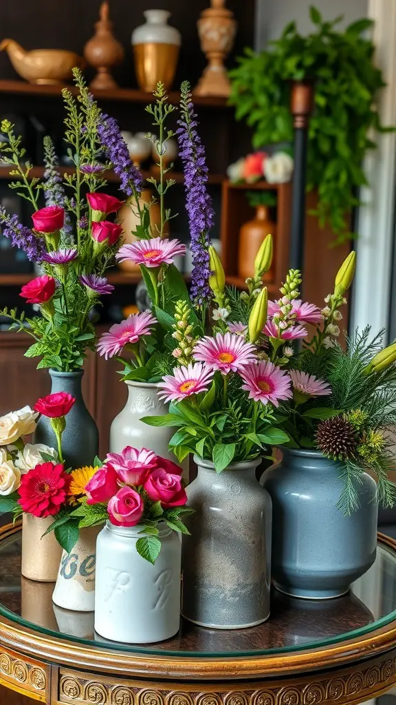 A colorful arrangement of flowers in various decorative containers on a table.