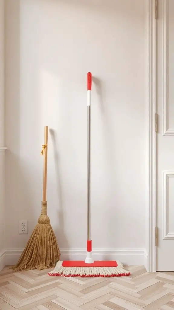 A broom and mop stored in a corner of a room