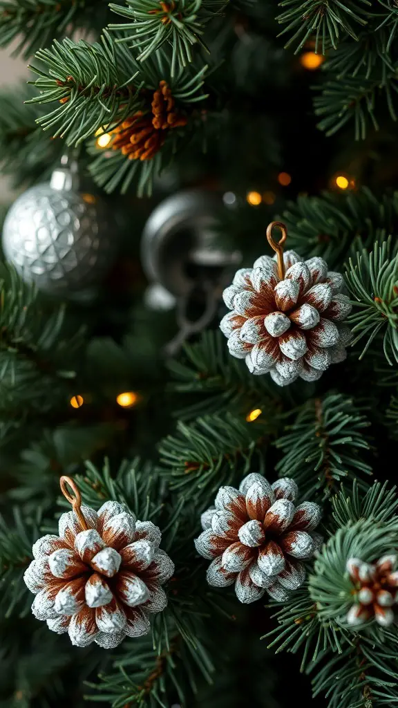 Glittery silver pinecones hanging on a Christmas tree