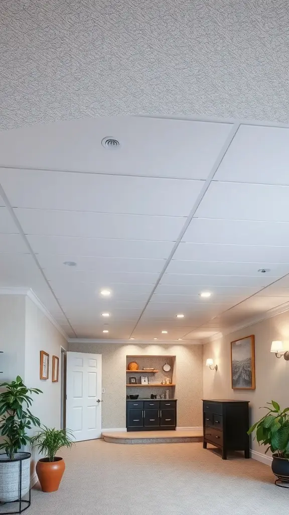A modern basement with PVC ceiling panels, featuring a textured design and ambient lighting.