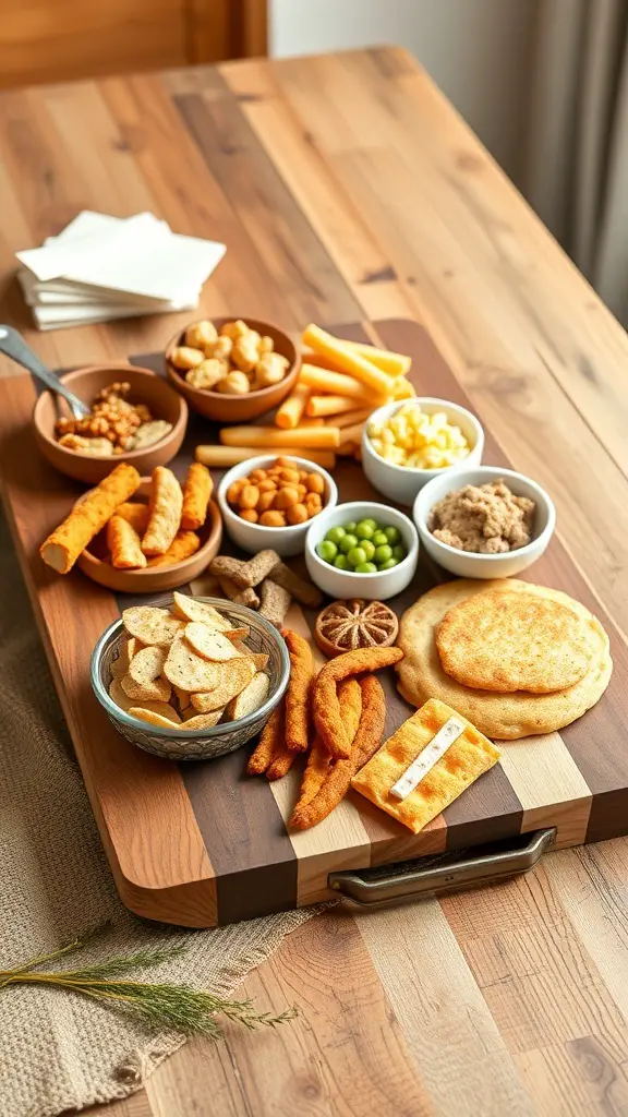 23+ Creative Dollar Tree Cutting Board Crafts You Can Make 9 A rustic wooden serving tray filled with various snacks, including chips, nuts, and cheese, placed on a wooden table.