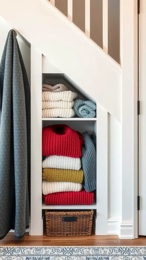 29+ Creative Sweater Storage Ideas to Maximize Your Closet Space 11 Neatly organized sweaters in under-stair storage with a cozy blanket and a woven basket.