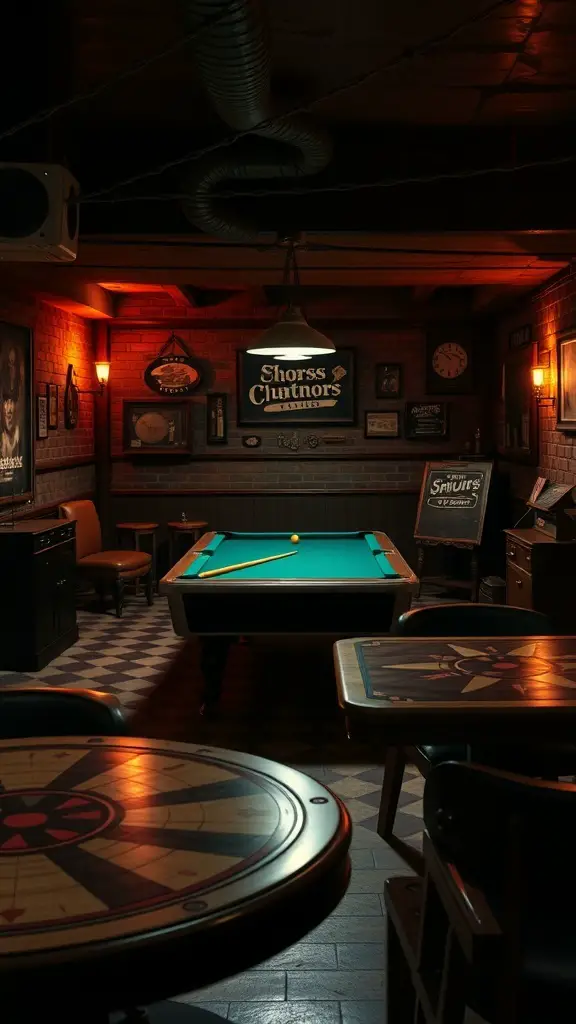 A vintage game area with a pool table and retro decor.