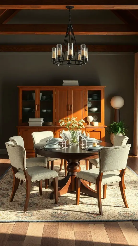 A stylish dining room featuring a round table, upholstered chairs, and a wooden sideboard.
