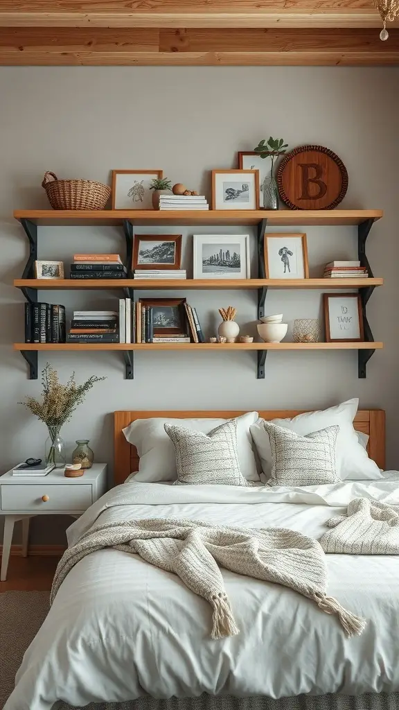 Open shelving in a boho coastal bedroom displaying books, photos, and decorative items.