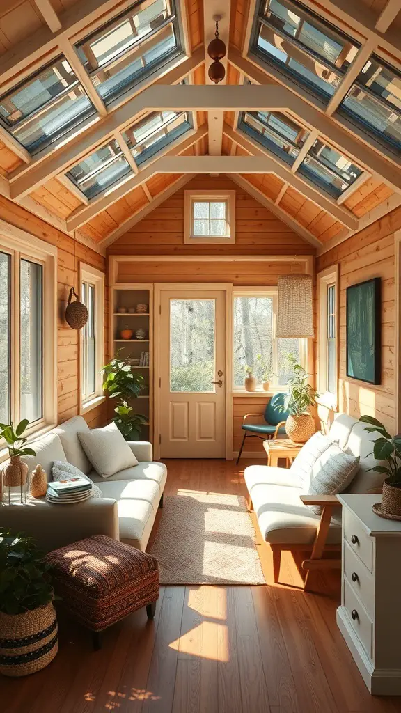 Interior of a bright and airy tiny cabin with wooden walls and large windows.