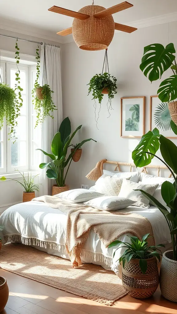 A boho coastal bedroom featuring various indoor plants, a cozy bed, and natural decor.