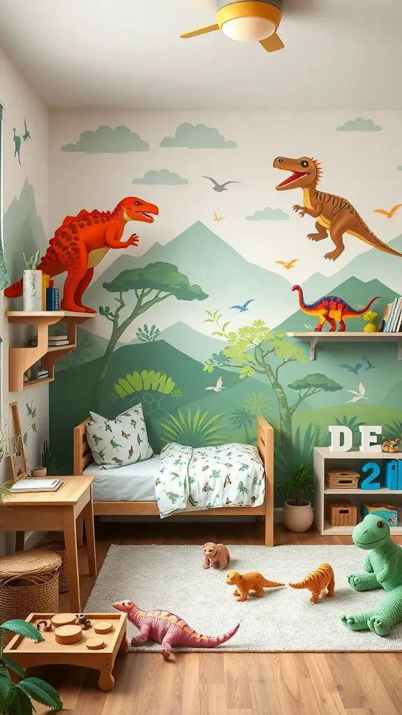 A toddler boy's dinosaur-themed room with murals, toys, and a cozy bed.