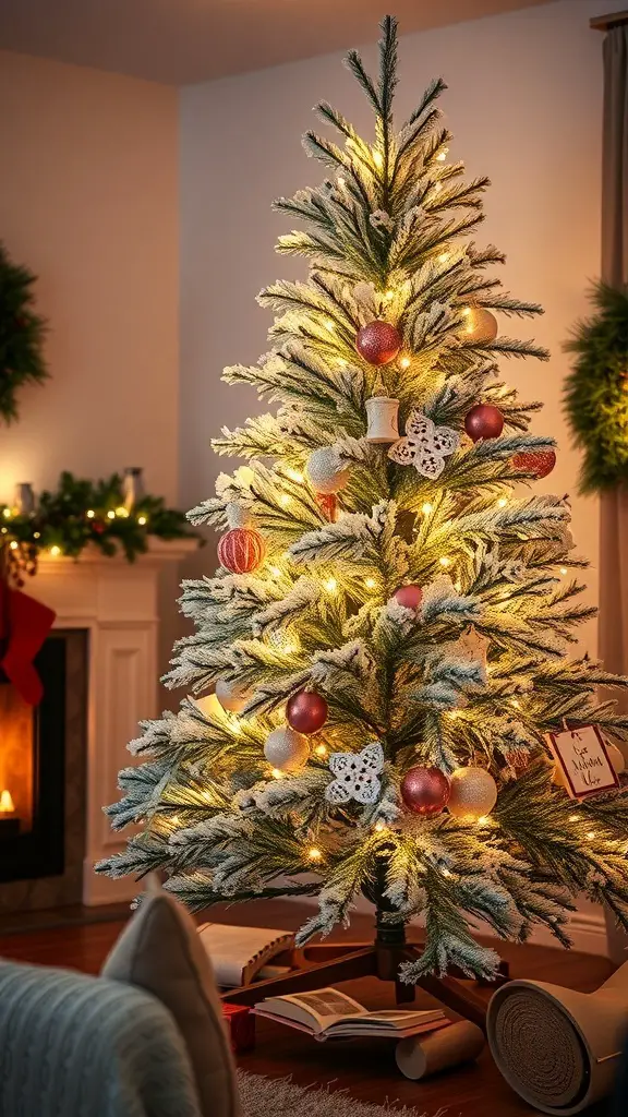 A frosted Christmas tree adorned with fairy lights and ornaments, creating a cozy holiday atmosphere.