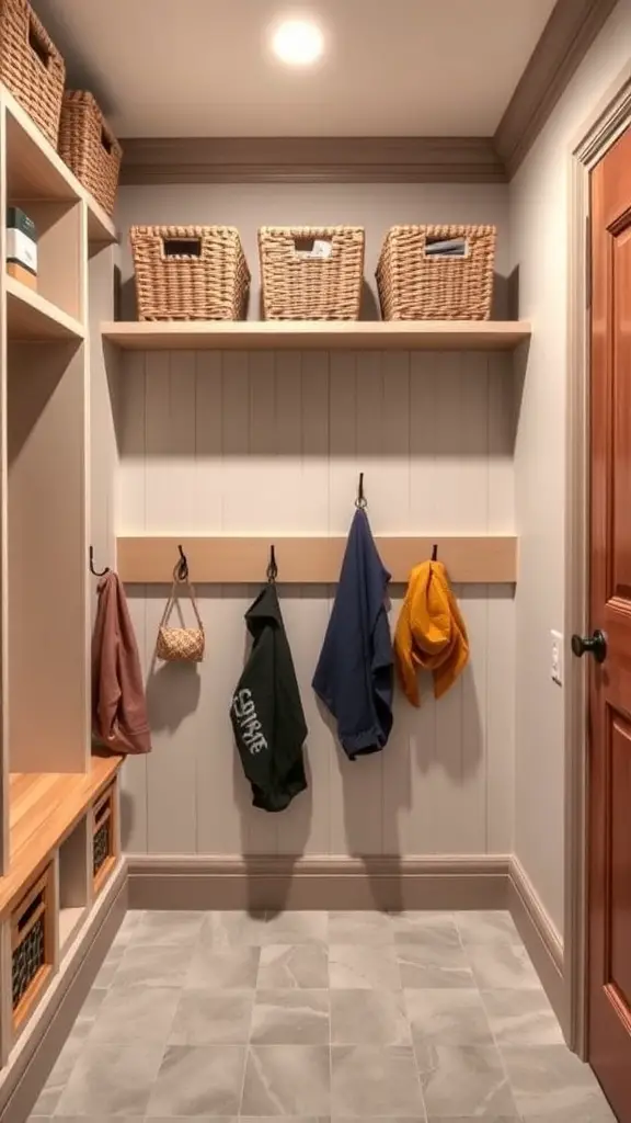 A mudroom locker with hooks and shelves, featuring woven baskets and a tiled floor.
