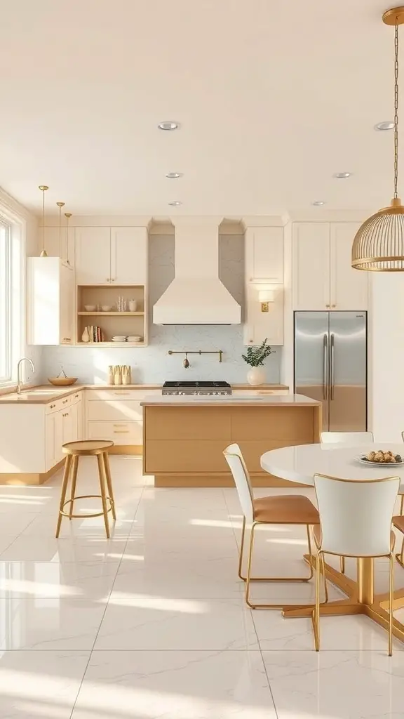 A modern cream and gold kitchen featuring an open concept layout with an island and dining area.
