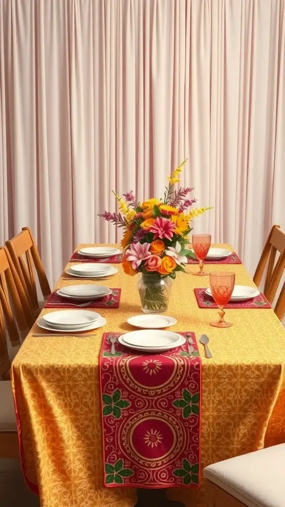 23+ Stunning Dining Table Centerpiece Ideas 15 A dining table with a yellow tablecloth, colorful table mats, and a vibrant flower centerpiece.