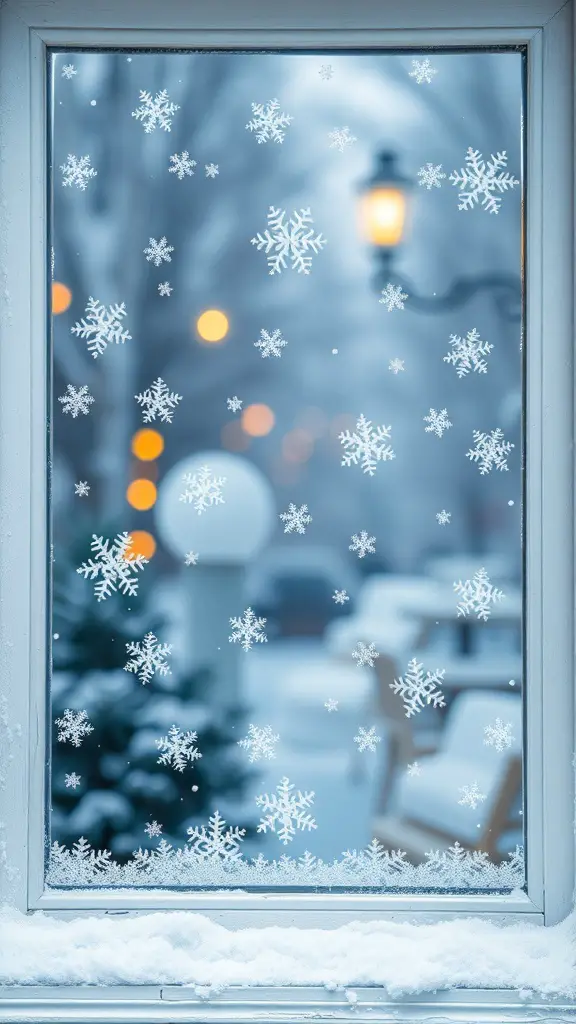 29+ Creative Winter Window Decoration Ideas for a Cozy Home 6 A window decorated with faux snowflakes, looking out to a snowy scene with warm lights.