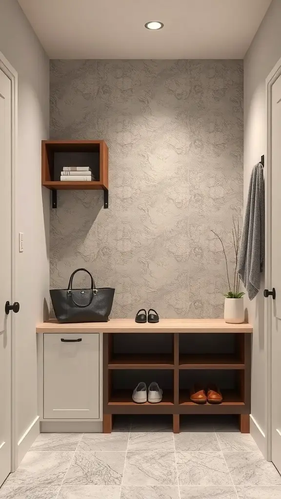 25+ Stylish Mudroom Tile Floor Ideas You’ll Love 12 Mudroom featuring textured porcelain tile floor with wooden bench and storage.