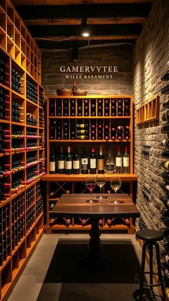 A cozy wine cellar with wooden racks filled with wine bottles and a tasting table.