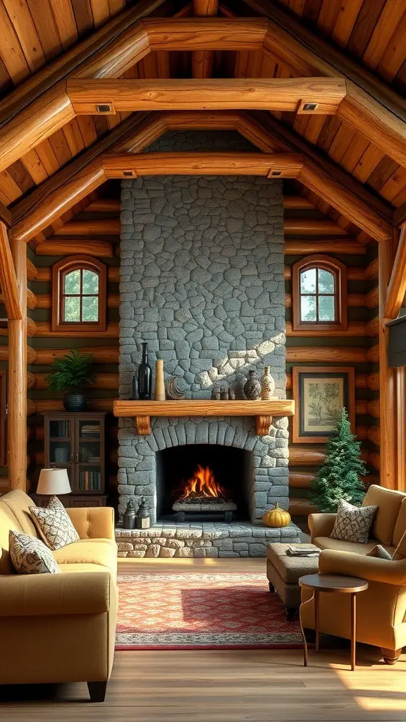 Cozy log cabin interior with stone fireplace and wooden beams