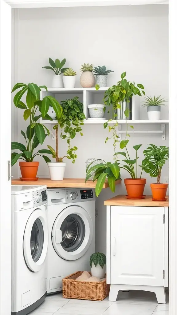 27+ Creative Mini Laundry Room Ideas to Maximize Your Space 14 A mini laundry room with various plants on shelves and countertops, creating a fresh and inviting atmosphere.